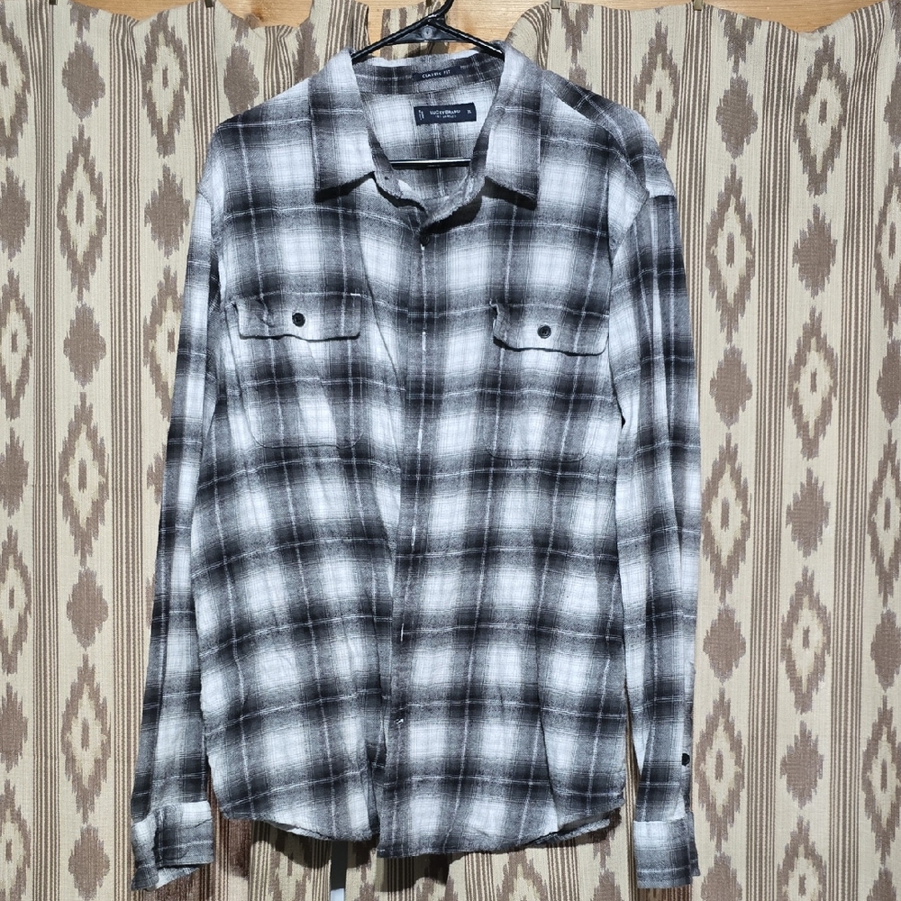 Lucky Brand Black White Plaid Flannel Button-Up Shirt